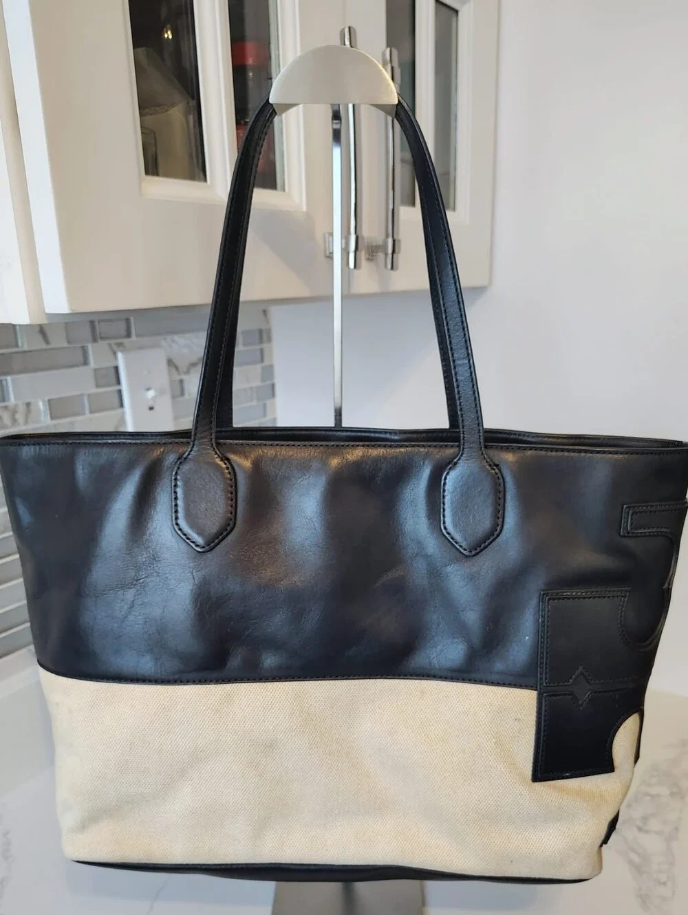 Tory Burch Tote Bag - Canvas/Black Leather-Trimmed